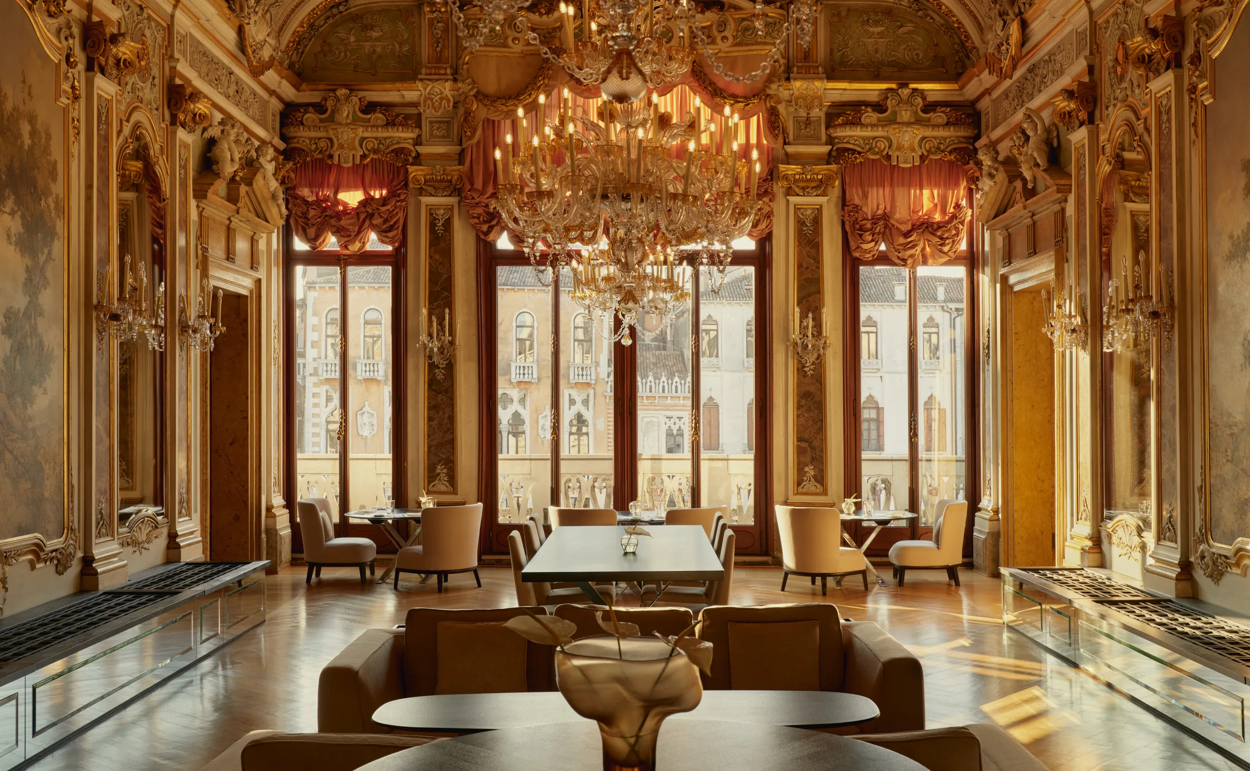 A gilded, frescoed salon in a Venetian palazzo