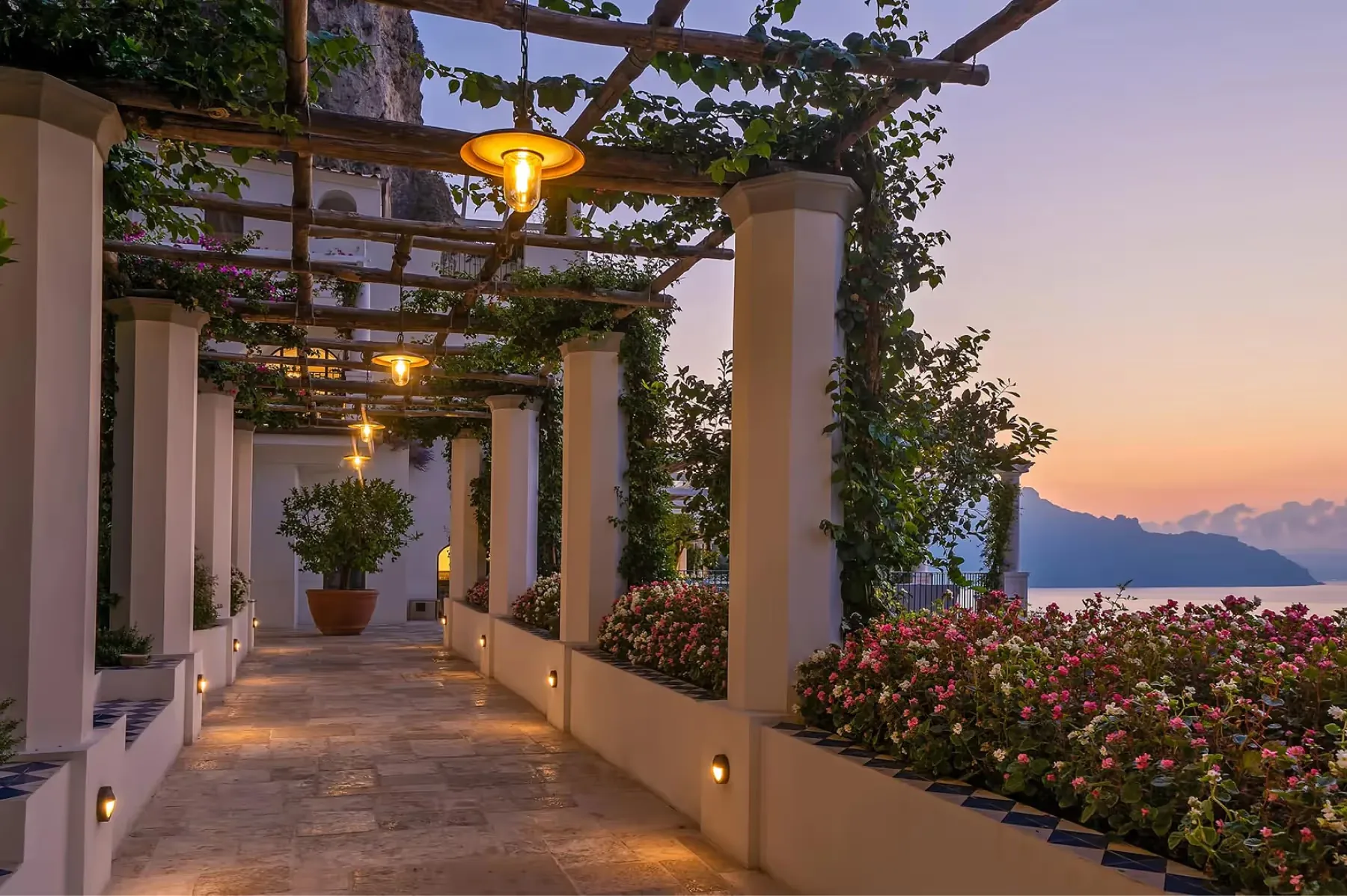 Illuminated pergola pathway at dusk with climbing ivy and sea views in background