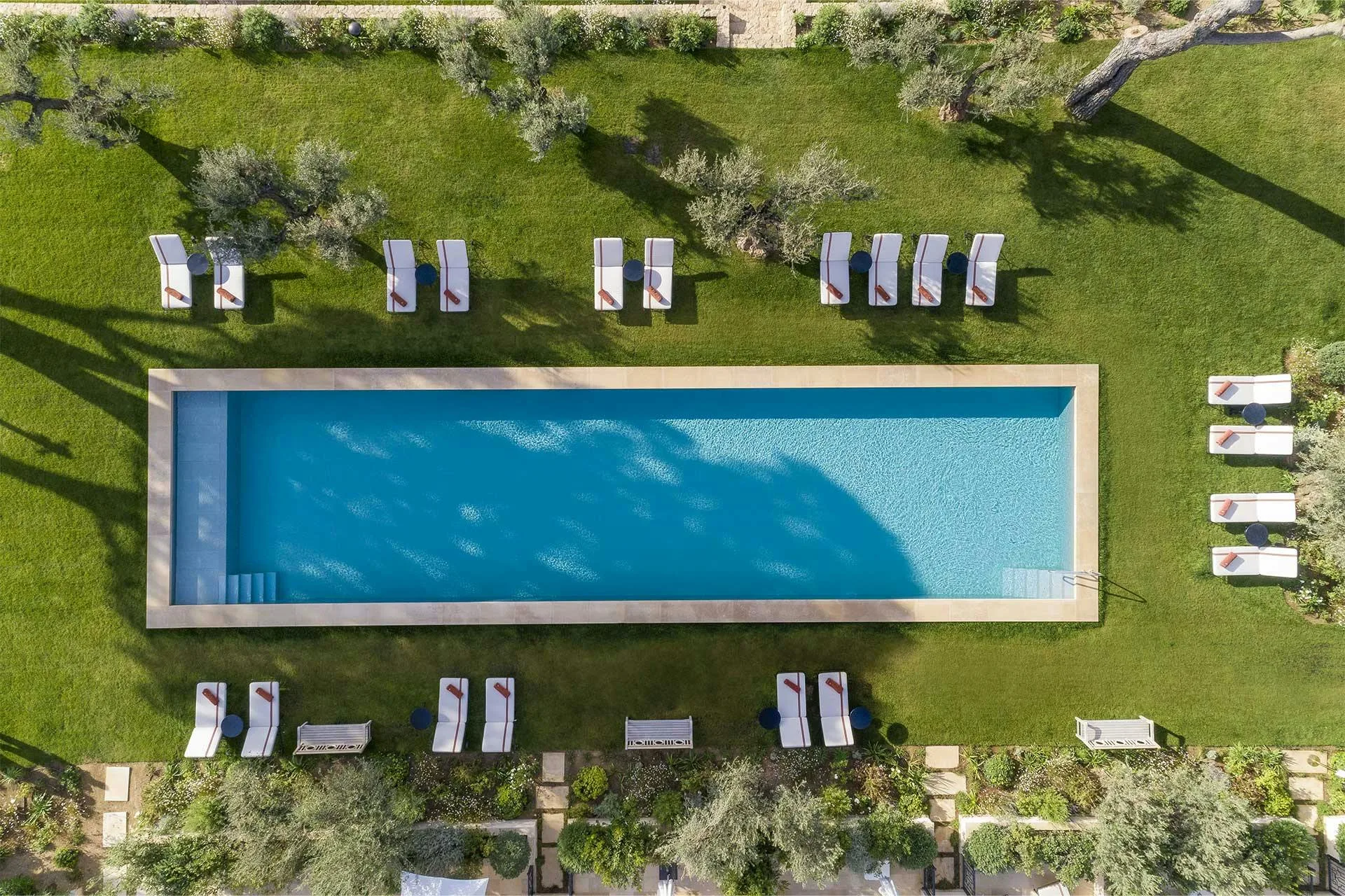 Rectangular saltwater pool surrounded by green lawn and sun loungers at midday