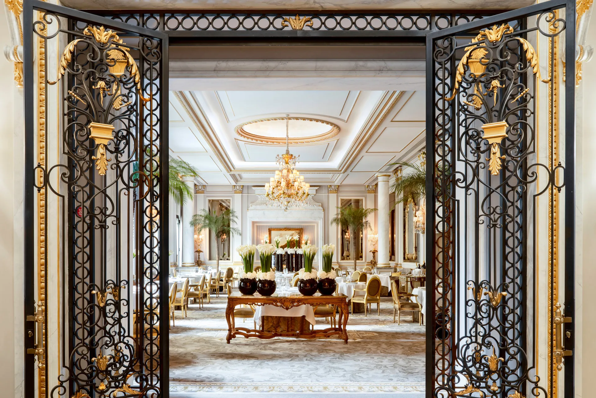 A formal dining room with parquet floors, gilt chairs, and a classical ceiling