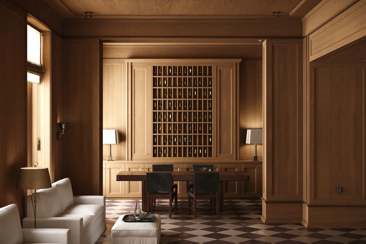 A wood-paneled entry hall with a black desk and modern art on the wall