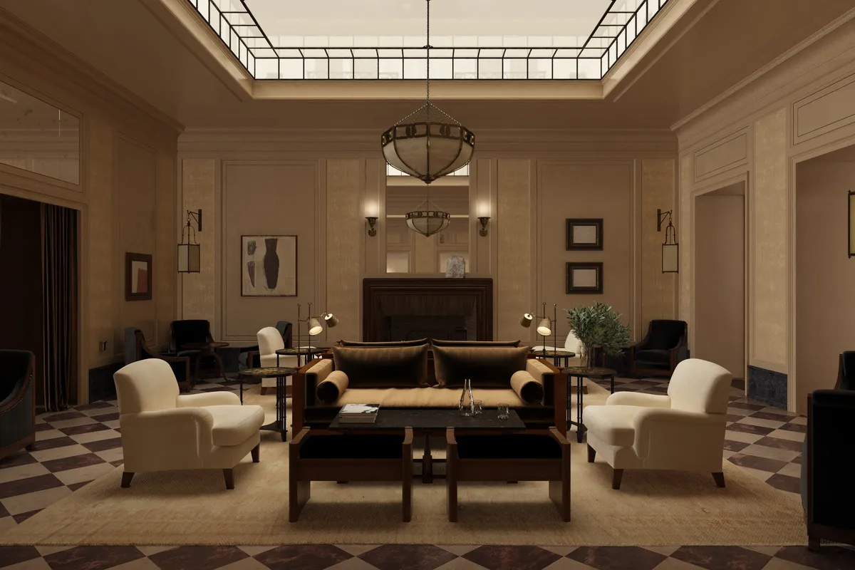A grand drawing room with cream walls, black fireplace, and geometric ceiling