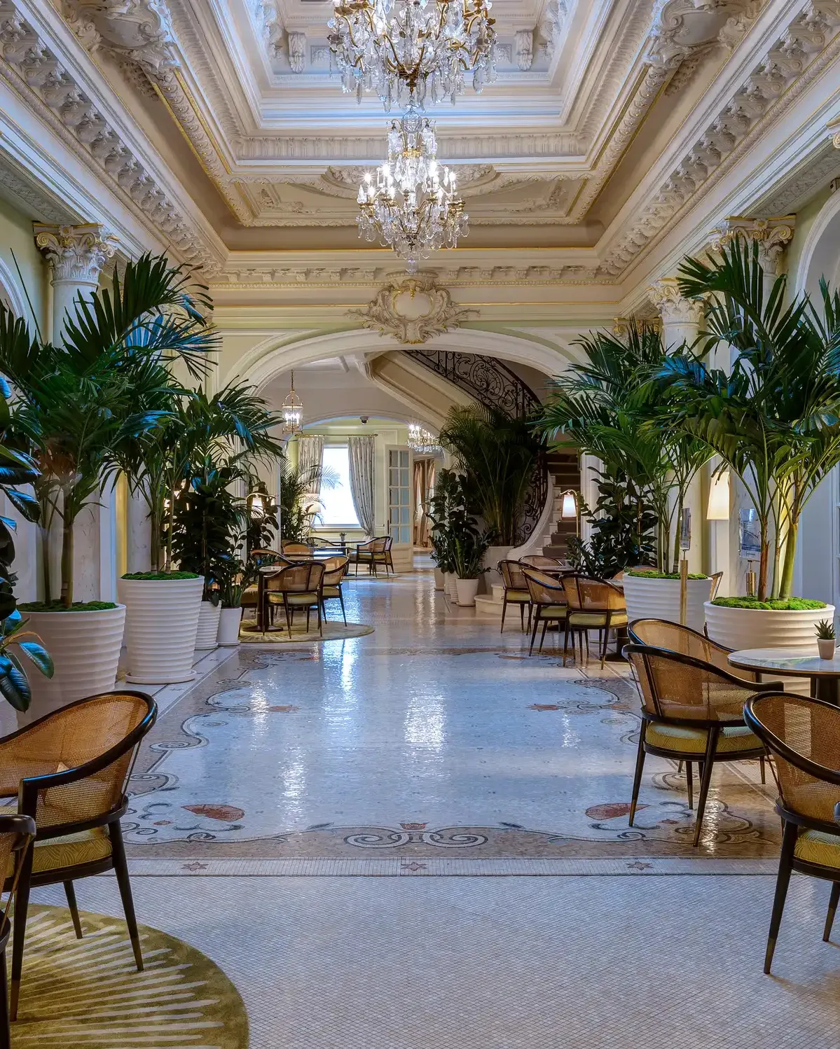 The grand lobby with arched ceilings, two-tier mezzanine, and soaring glass dome