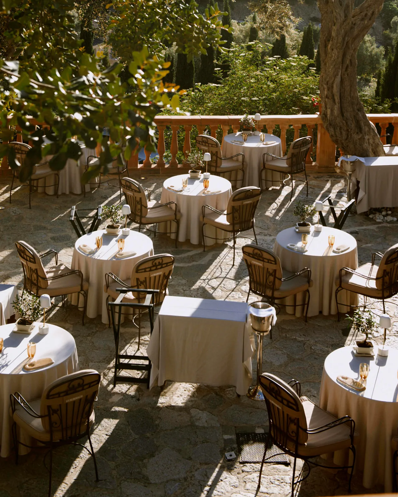 Stone courtyard restaurant with round tables, wooden chairs, and white linens beneath olive trees