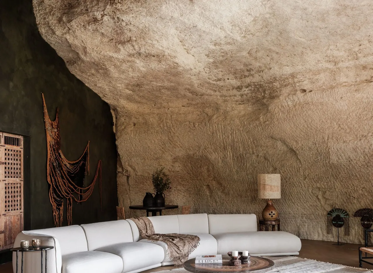 A cave-walled living room at a Provence retreat